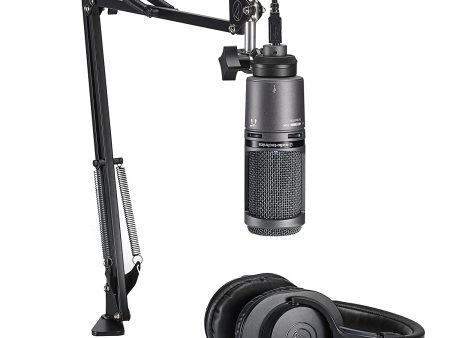 Audio Technica AT2020USB+PK Cardioid Condenser USB Microphone w  Boom Arm + Monitor Headphones For Discount