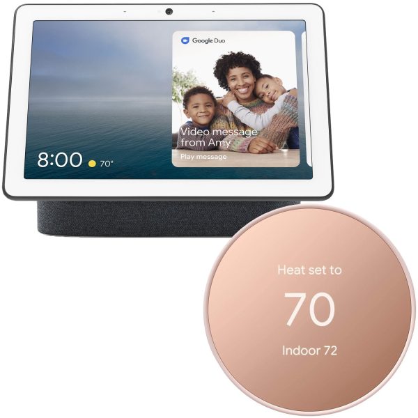 Google Nest Hub Max (Charcoal) GA00639-US with Google Nest Smart Wi-Fi Thermostat (Sand) on Sale